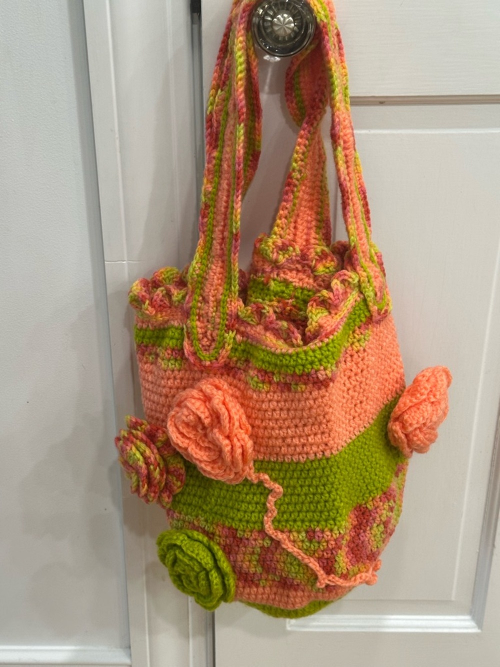 Handmade Crochet Floral Tote Bag in Peach & Lime Boho Coastal Grandma - Picture 4 of 7